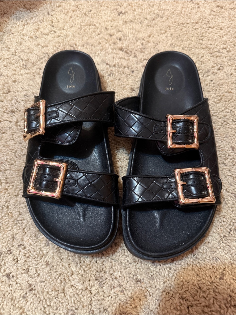 Joie Black Quilted Dual-Buckle Slide Sandals with Gold Buckles